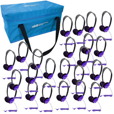 HamiltonBuhl Lab Pack with 24 purple headphones in a blue carry case, ideal bulk school headphones for educational use.
